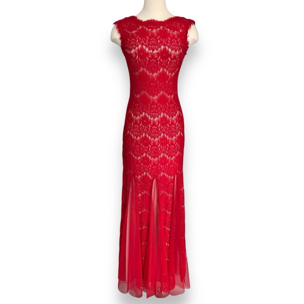 Betsy & Adam Red Lace Formal Dress Sleeveless Sheath Silhouette